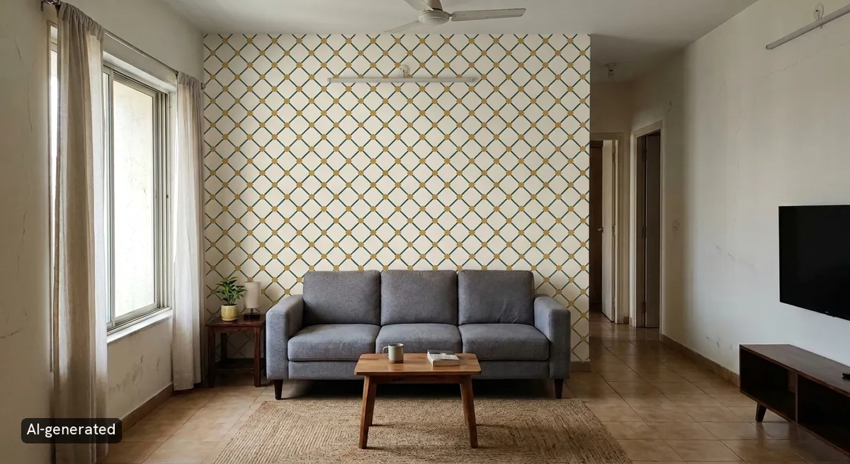Illustrative plain wall in a living room, with the sample wallpaper masked